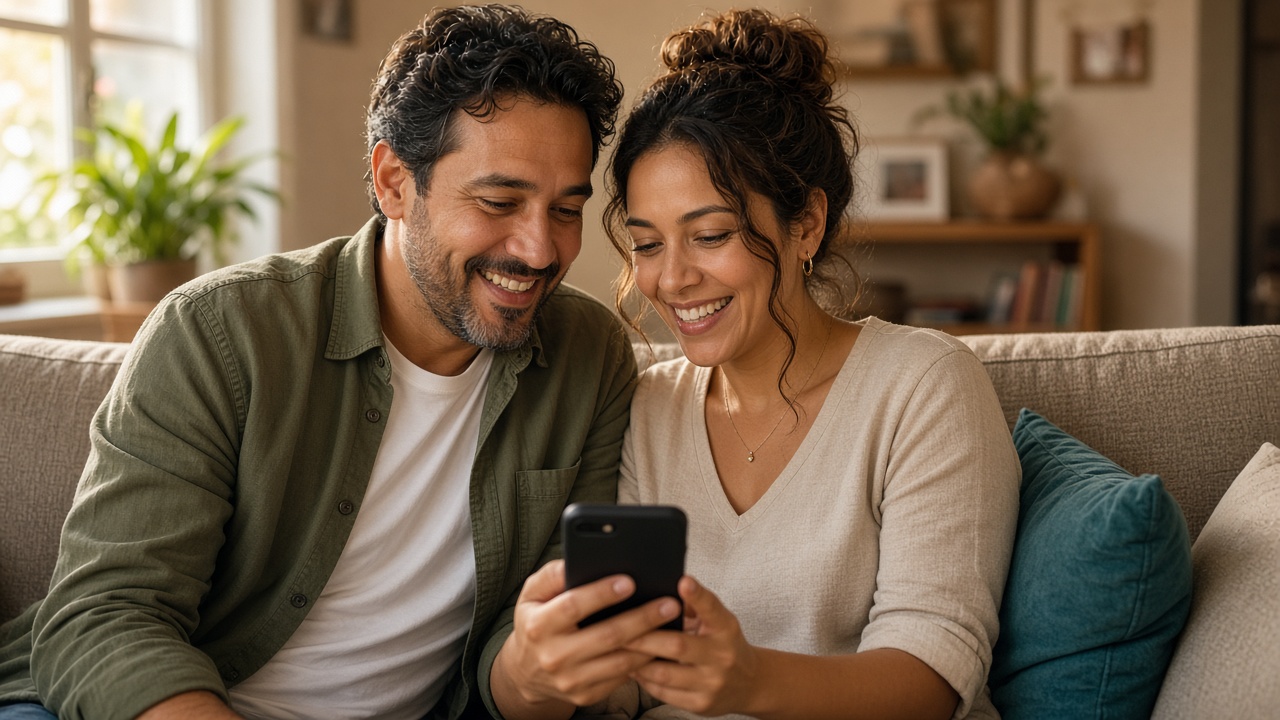 Casal planejando viagem pelo celular com a agência